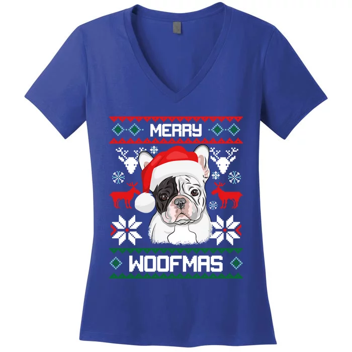 French Bulldog Gift For Merry Christmas Woofmas Frenchie Gift Women's V-Neck T-Shirt