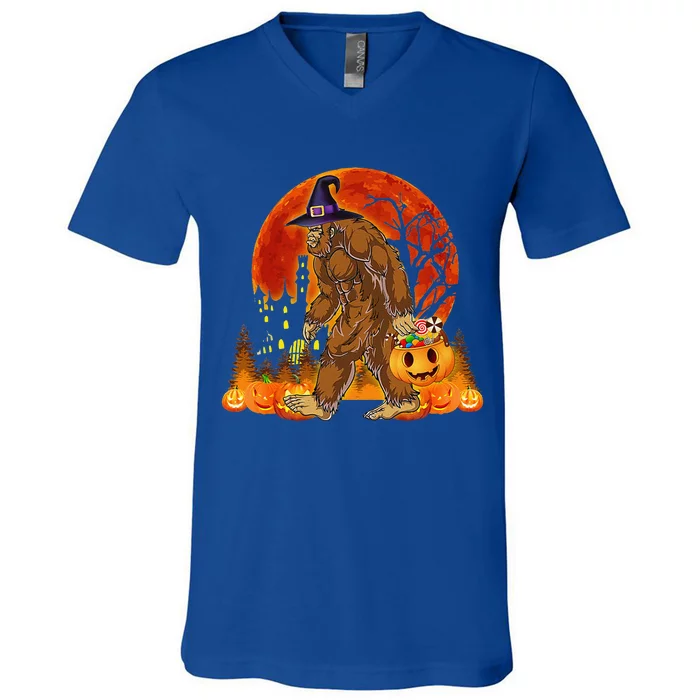 Funny Bigfoot Halloween Pumpkin And Candy Gift V-Neck T-Shirt