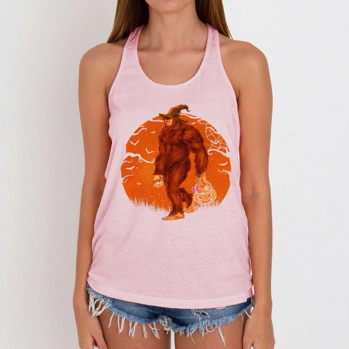 Funny Bigfoot Halloween Trick Or Treat Pumpkin Graphic Women's Knotted Racerback Tank