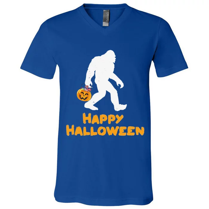 Funny Bigfoot Holding Pumpkin Family Happy Halloween Costume V-Neck T-Shirt