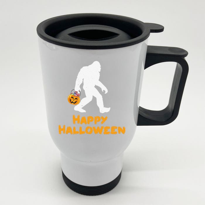 Funny Bigfoot Holding Pumpkin Family Happy Halloween Costume Front & Back Stainless Steel Travel Mug