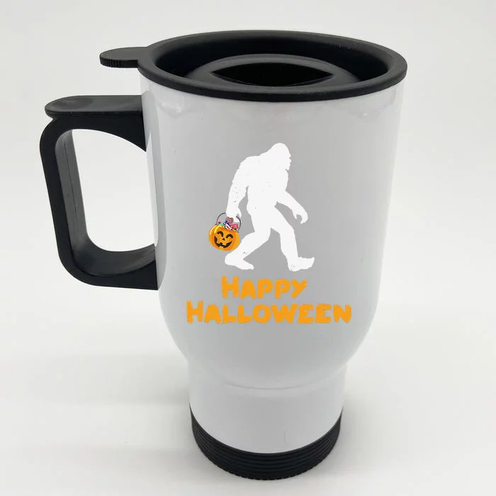 Funny Bigfoot Holding Pumpkin Family Happy Halloween Costume Front & Back Stainless Steel Travel Mug