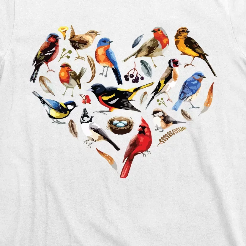 Forest Bird Heart Watching Cardinal Goldfinch Wren Chickadee T-Shirt