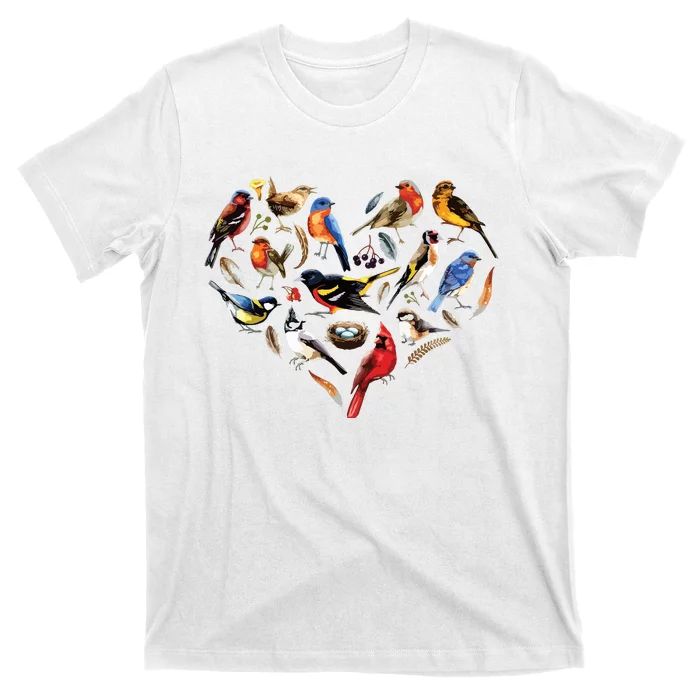 Forest Bird Heart Watching Cardinal Goldfinch Wren Chickadee T-Shirt