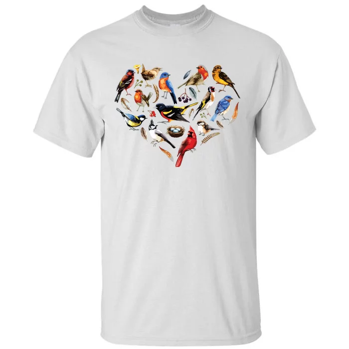 Forest Bird Heart Watching Cardinal Goldfinch Wren Chickadee Tall T-Shirt