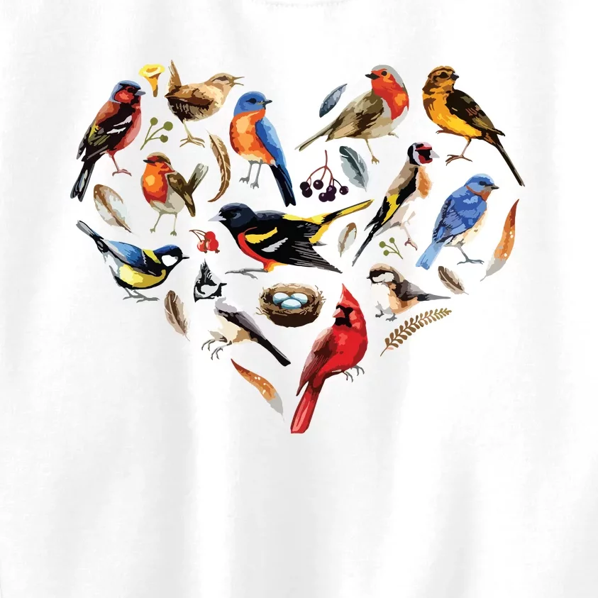 Forest Bird Heart Watching Cardinal Goldfinch Wren Chickadee Kids Sweatshirt