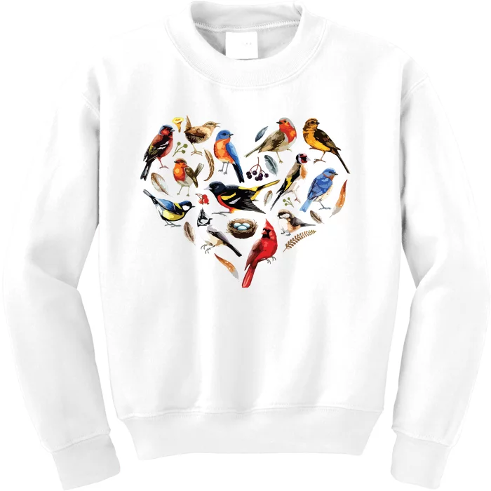 Forest Bird Heart Watching Cardinal Goldfinch Wren Chickadee Kids Sweatshirt