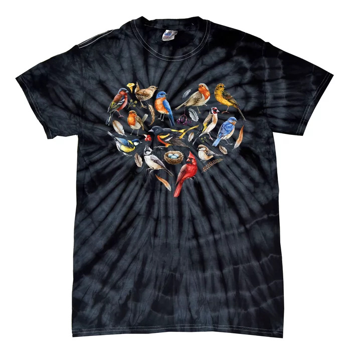 Forest Bird Heart Watching Cardinal Goldfinch Wren Chickadee Tie-Dye T-Shirt