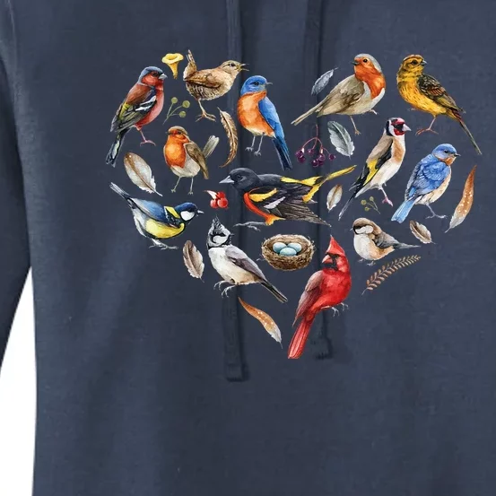 Forest Bird Heart Watching Cardinal Goldfinch Wren Chickadee Women's Pullover Hoodie