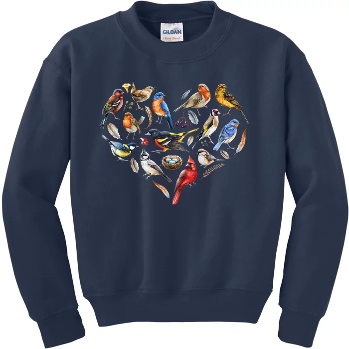 Forest Bird Heart Watching Cardinal Goldfinch Wren Chickadee Kids Sweatshirt