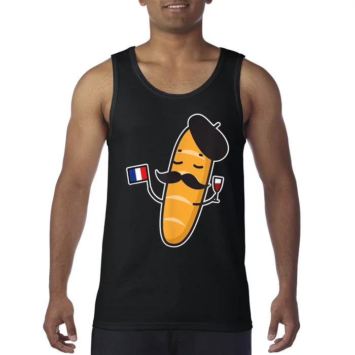 French Baguette Holding A French Flag And Wine Glass Tank Top