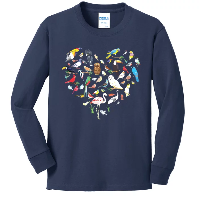 Forest Bird Heart Watching Cardinal Goldfinch Wren Chickadee Kids Long Sleeve Shirt