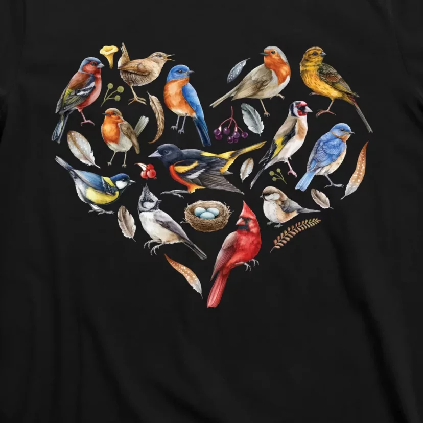 Forest Bird Heart Watching Cardinal Goldfinch Wren Chickadee T-Shirt