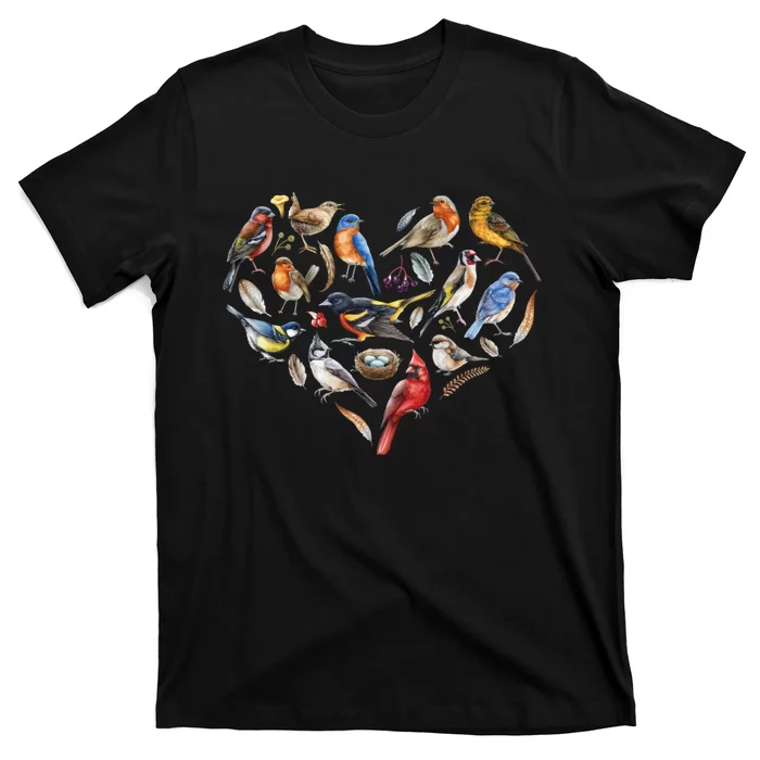 Forest Bird Heart Watching Cardinal Goldfinch Wren Chickadee T-Shirt