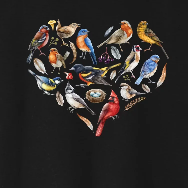 Forest Bird Heart Watching Cardinal Goldfinch Wren Chickadee Women's Crop Top Tee