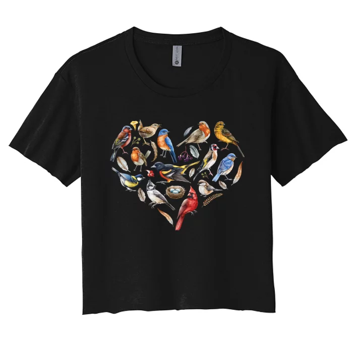 Forest Bird Heart Watching Cardinal Goldfinch Wren Chickadee Women's Crop Top Tee