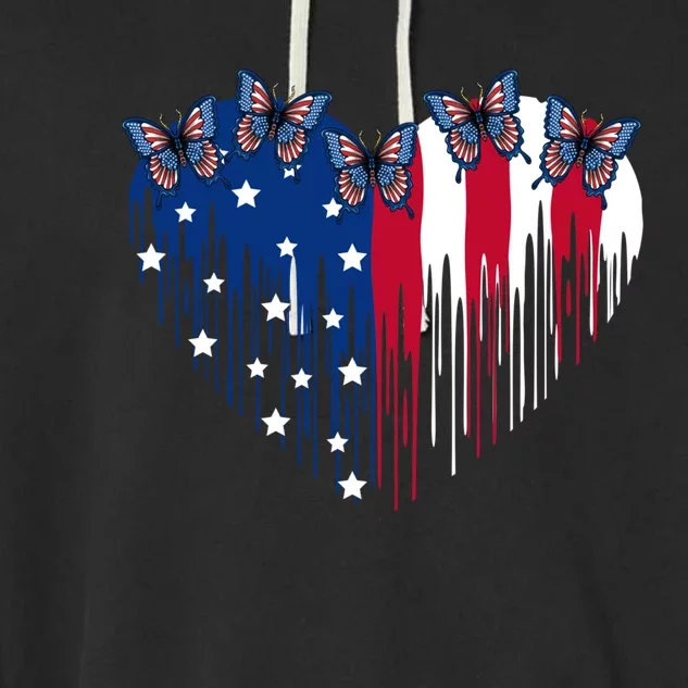 Funny Butterfly Heart With Usa Flag Patriotic 4th Of July Cute Gift Garment-Dyed Fleece Hoodie