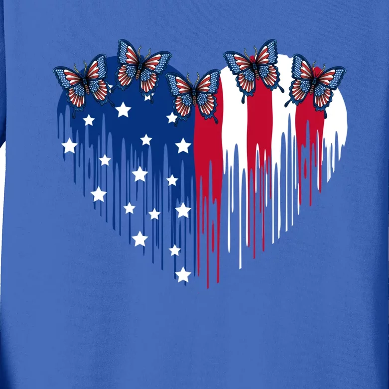 Funny Butterfly Heart With Usa Flag Patriotic 4th Of July Cute Gift Kids Long Sleeve Shirt