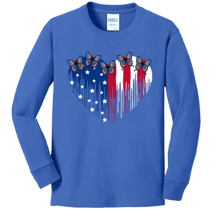 Funny Butterfly Heart With Usa Flag Patriotic 4th Of July Cute Gift Kids Long Sleeve Shirt