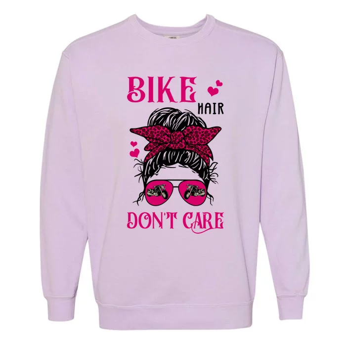 Funny Biker Hair Dont Care Messy Bun Bike Lover Great Gift Garment-Dyed Sweatshirt