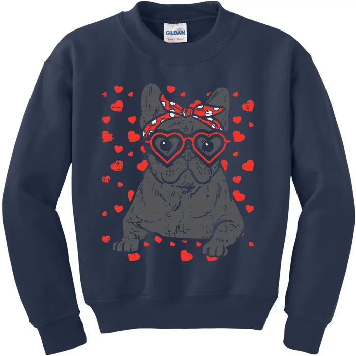 French Bulldog Heart Glasses Valentine Day Frenchie Dog Gift Kids Sweatshirt