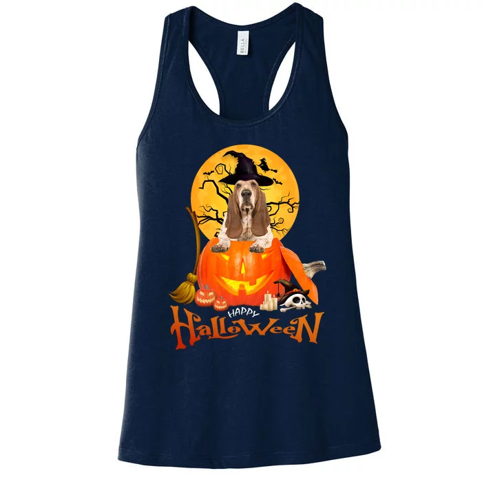 Funny Basset Hound Dog Ghosts Halloween Tees Women's Racerback Tank