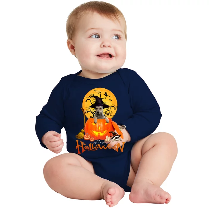 Funny Blue Heeler Dog Spooky Halloween Baby Long Sleeve Bodysuit