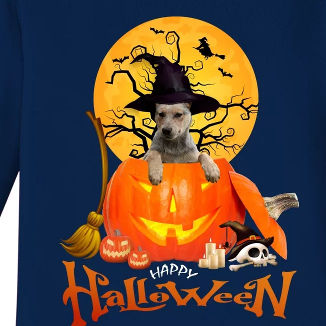 Funny Blue Heeler Dog Spooky Halloween Baby Long Sleeve Bodysuit