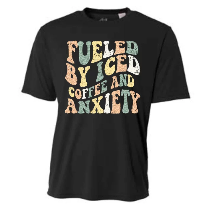 Fueled By Iced Coffee And Anxiety Funny Groovy Iced Coffee Cooling Performance Crew T-Shirt