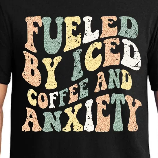 Fueled By Iced Coffee And Anxiety Funny Groovy Iced Coffee Pajama Set