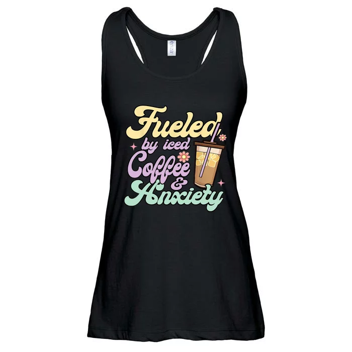 Fueled By Iced Coffee And Anxiety Funny Coffee Lover Ladies Essential Flowy Tank