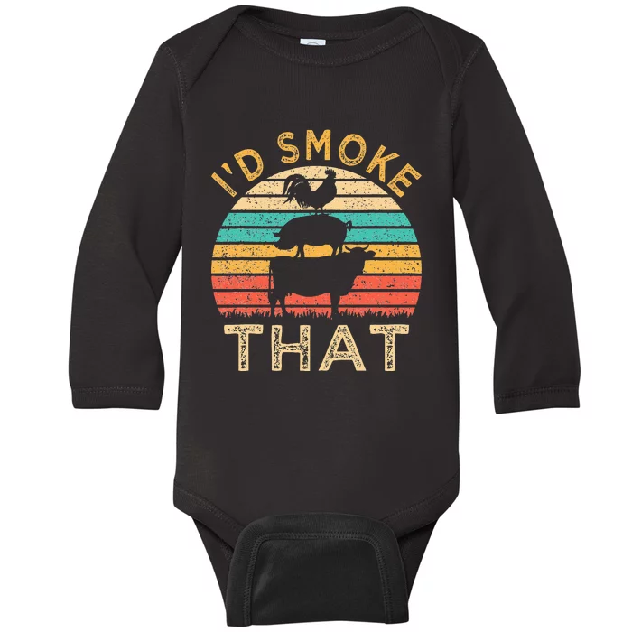 Funny BBQ Id Smoke That Barbeque Retro Grilling Baby Long Sleeve Bodysuit