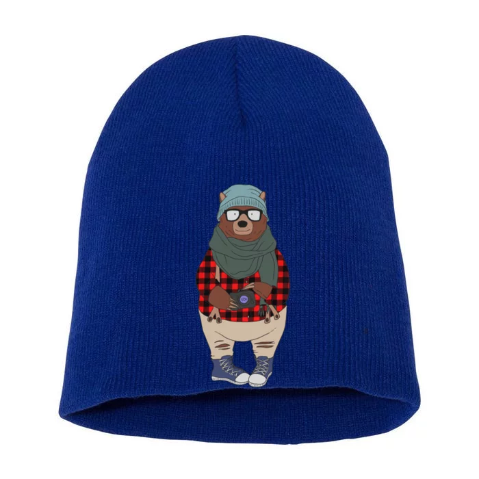 Funny Bear In Fashion Clothes Red Plaid Kawaii Bear Lover Gift Short Acrylic Beanie