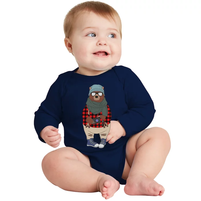 Funny Bear In Fashion Clothes Red Plaid Kawaii Bear Lover Gift Baby Long Sleeve Bodysuit