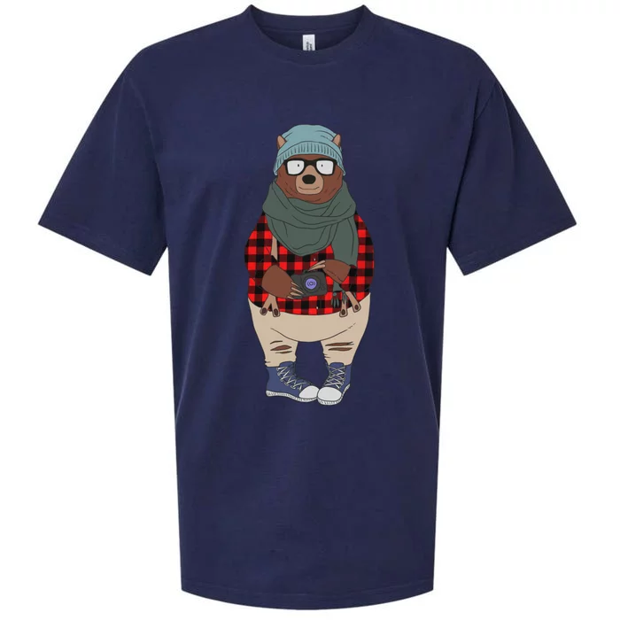 Funny Bear In Fashion Clothes Red Plaid Kawaii Bear Lover Gift Sueded Cloud Jersey T-Shirt