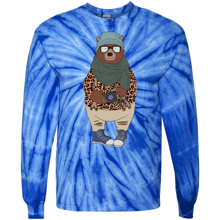 Funny Bear In Fashionable Outfit Leopard Kawaii Bear Lover Gift Tie-Dye Long Sleeve Shirt