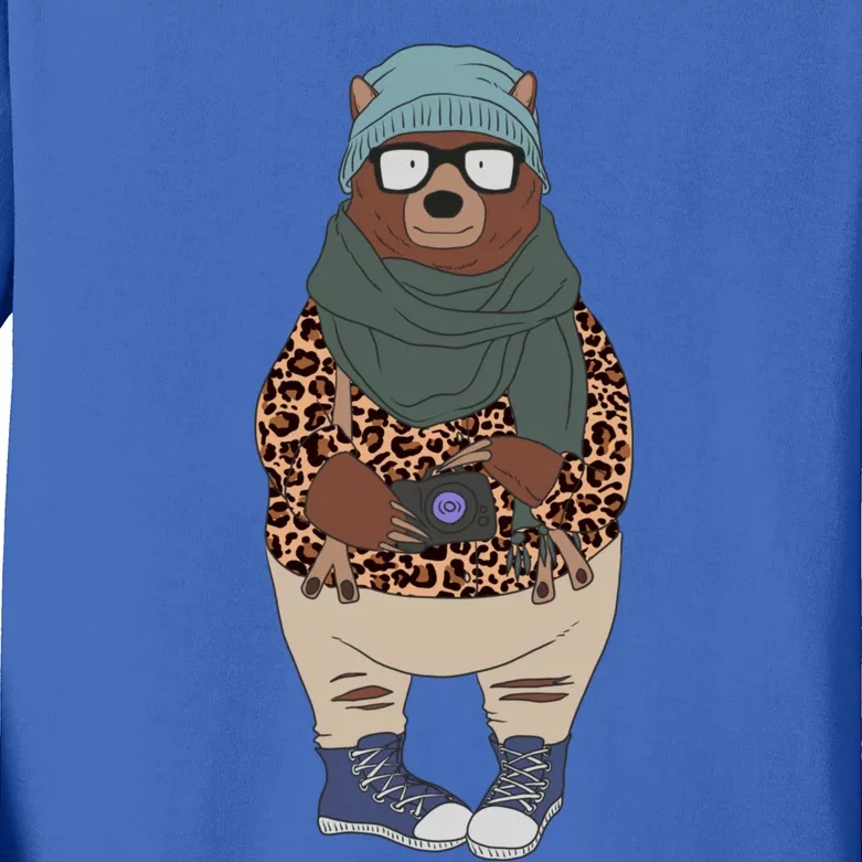 Funny Bear In Fashionable Outfit Leopard Kawaii Bear Lover Gift Kids Long Sleeve Shirt