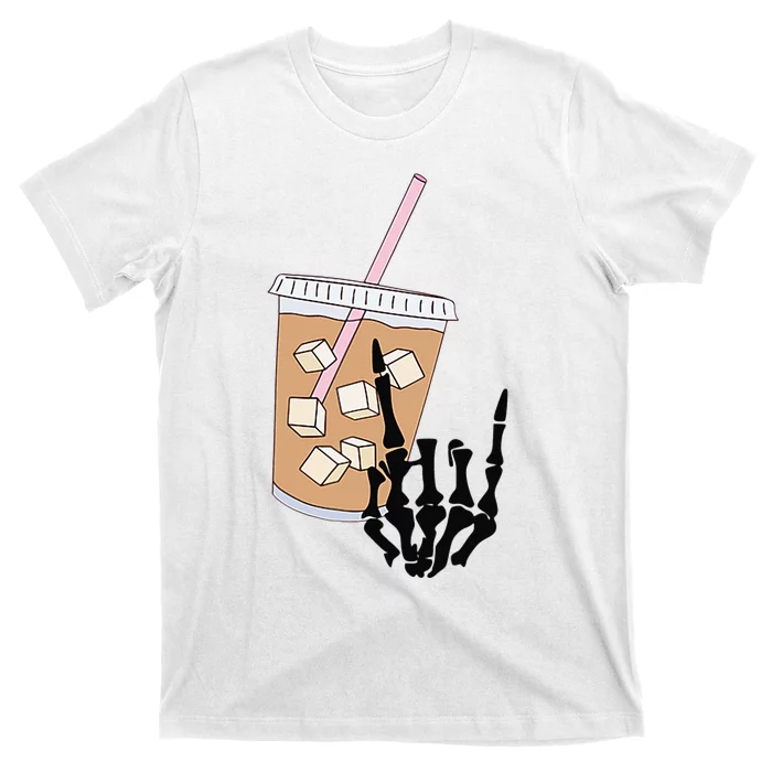 Fueled By Iced Coffee And Anxiety Rock On Skeleton Hand Bone T-Shirt