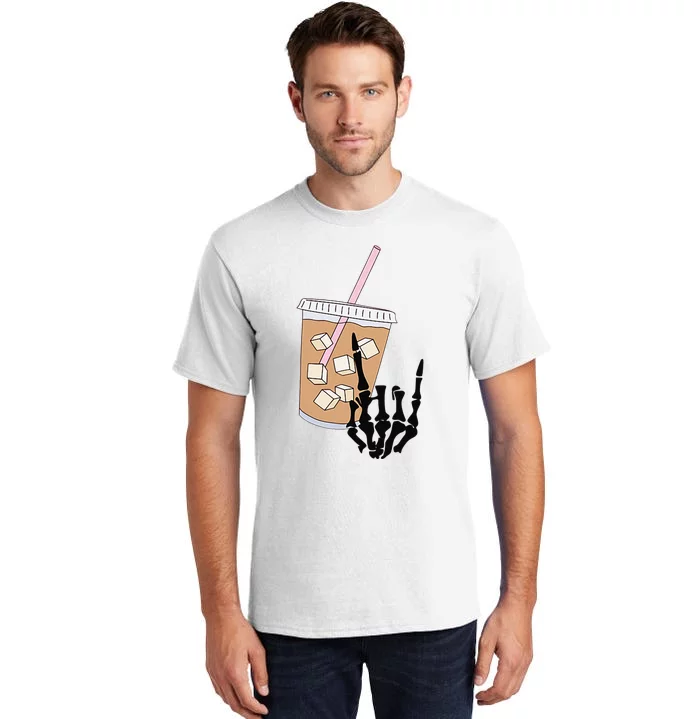 Fueled By Iced Coffee And Anxiety Rock On Skeleton Hand Bone Tall T-Shirt