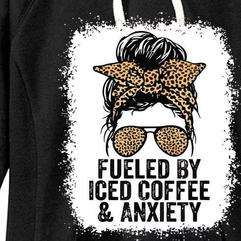 Fueled By Iced Coffee And Anxiety Funny Messy Bun Women's Fleece Hoodie