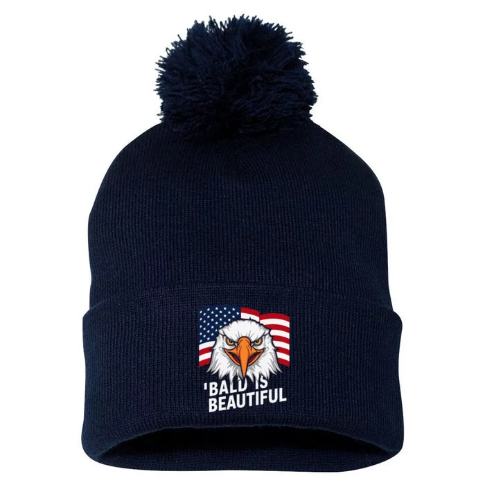 Funny Bald Is Beautiful Independence Day 4th July Eagle Gift Pom Pom 12in Knit Beanie