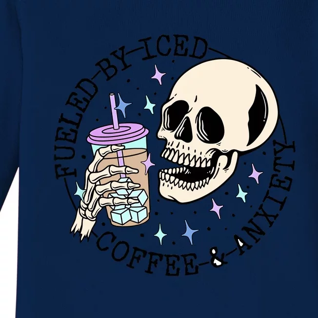 Fueled By Iced Coffee And Anxiety Skull Coffee Lover Baby Long Sleeve Bodysuit