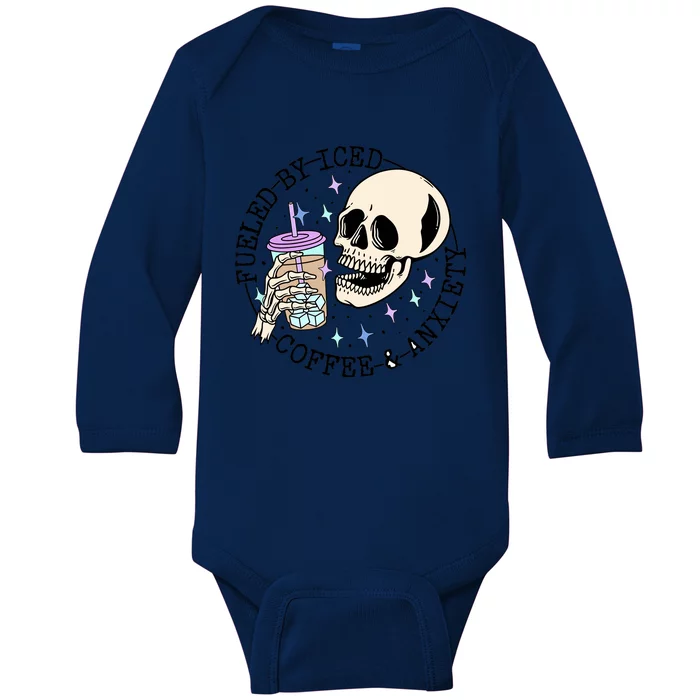 Fueled By Iced Coffee And Anxiety Skull Coffee Lover Baby Long Sleeve Bodysuit