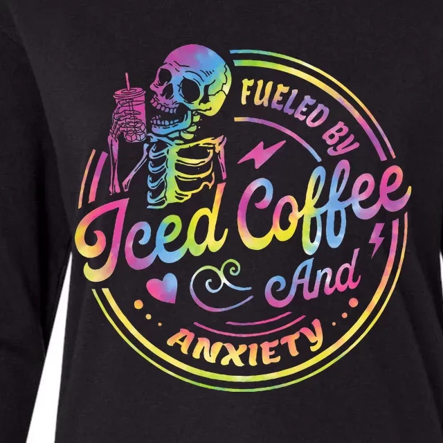 Fueled By Iced Coffee And Anxiety Skeleton Coffee Lover Womens Cotton Relaxed Long Sleeve T-Shirt