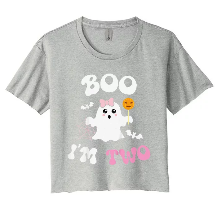 Funny Boo Im Two Ghost Second 2nd Birthday Groovy Halloween Women's Crop Top Tee