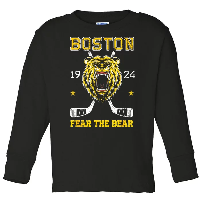 Funny Boston Ice Hockey Fear The Bear Gift Toddler Long Sleeve Shirt