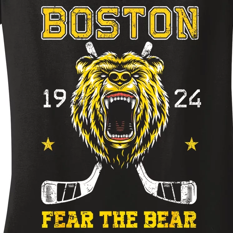 Funny Boston Ice Hockey Fear The Bear Gift Women's V-Neck T-Shirt