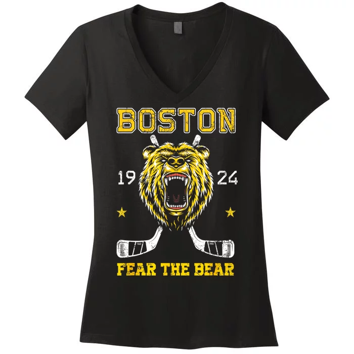 Funny Boston Ice Hockey Fear The Bear Gift Women's V-Neck T-Shirt