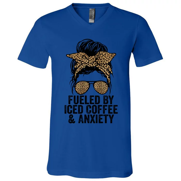 Fueled By Iced Coffee And Anxiety Funny Groovy Coffee Lover Gift V-Neck T-Shirt