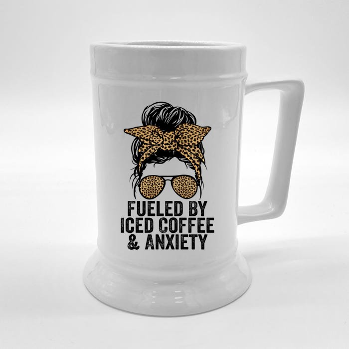 Fueled By Iced Coffee And Anxiety Funny Groovy Coffee Lover Gift Front & Back Beer Stein